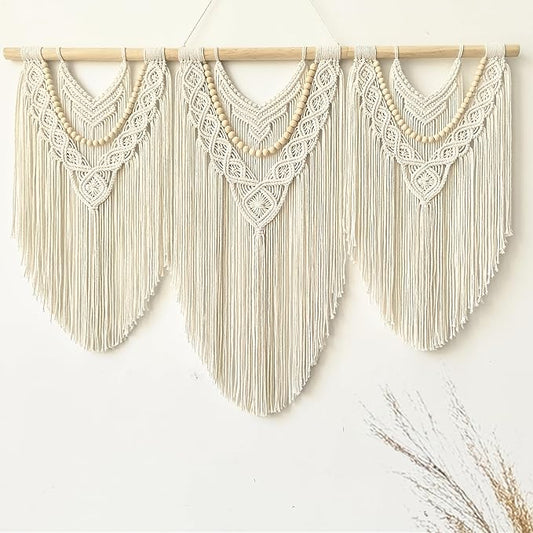 large macrame wall hanging - Boho Tapestry Macrame Wall Decor Art- Chic Bohemian Handmade Woven Tapestry Home Decoration for Bedroom Living Room Apartment Wedding Party - 43"x32" (Beige-Wood Bead)