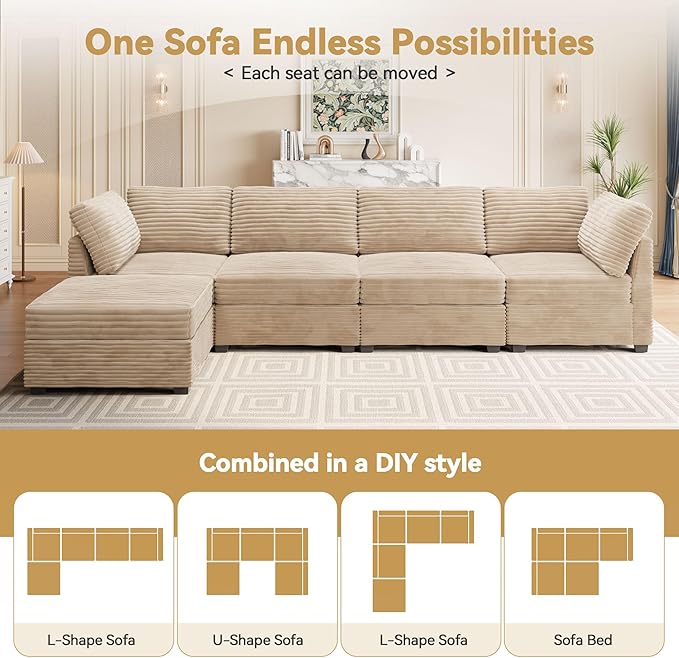 Modular Sectional Sofa, 130.7 Inch U Shaped Couch Set for Living Room, 4-Seater Comfy Cloud Couches with Two Movable Ottoman, DIY Combination, Plush Corduroy, Beige