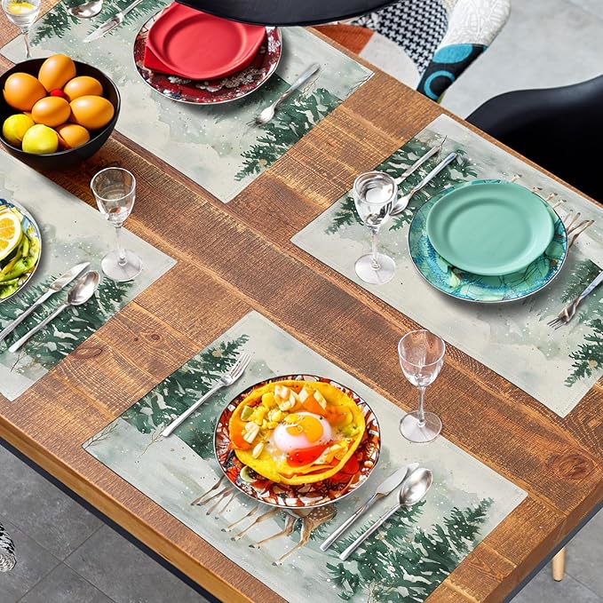 Christmas Watercolor Deer Trees Snowflakes Placemats Set of 4 Winter Rustic Nature Forest Linen Table Mat 12x18 Inch Seasonal Farmhouse Washable Place Mats for Dining Table Kitchen Xmas Decor