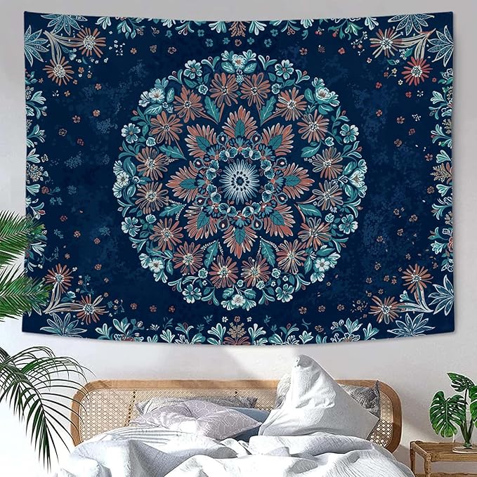 Fowocu Boho Floral Mandala Tapestry Wall Hanging Blue Bohemian Flower Medallion Tapestry Aesthetic Vintage Navy Hippie Indian Small Tapestries for Bedroom Living Room Dorm Decor 60 x 44 Inch