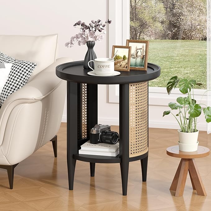 Yusong Round End Table Rattan Side Table with Solid Wood Legs, Boho Style Nightstand Bedside Table with 2-Tier Shelves, Small Coffee Table for Living Room Bedroom Small Spaces Black