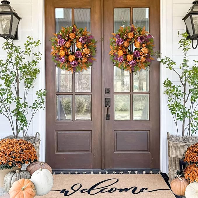 24 Inch Fall Wreath for Front Door - Autumn Wreath with Peony, Maple Leaves, Berries - Farmhouse Thanksgiving Halloween Decor for Porch, Front Door, Indoors & Outdoors - Rustic Harvest Home Decor