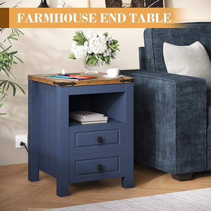 Apicizon Side Table, Farmhouse End Table with Charging Station and Storage Cabinet, 17'' Bedside Table with Drawers, Rustic Small Coffee Table for Living Room, Bedroom
