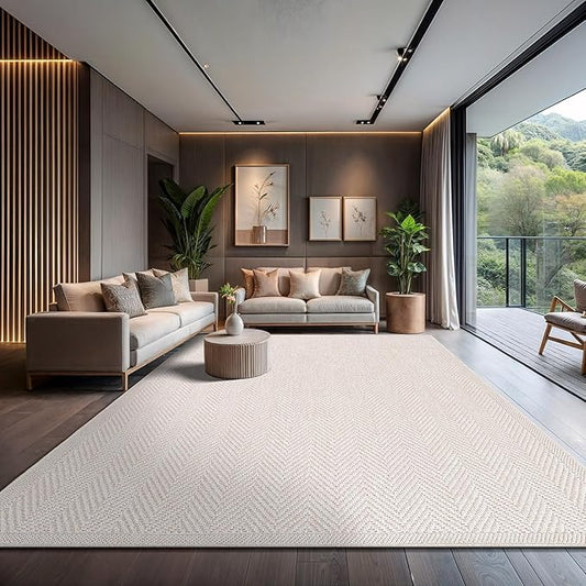 CAMILSON Easy Jute Rug 9x12, Indoor Outdoor Off-White Color Fiber Area Rugs for Living Room and Patio Rug Herringbone Seagrass Boho Woven Design Easy-Cleaning Washable Outside Carpet Alfombras 9 x 12