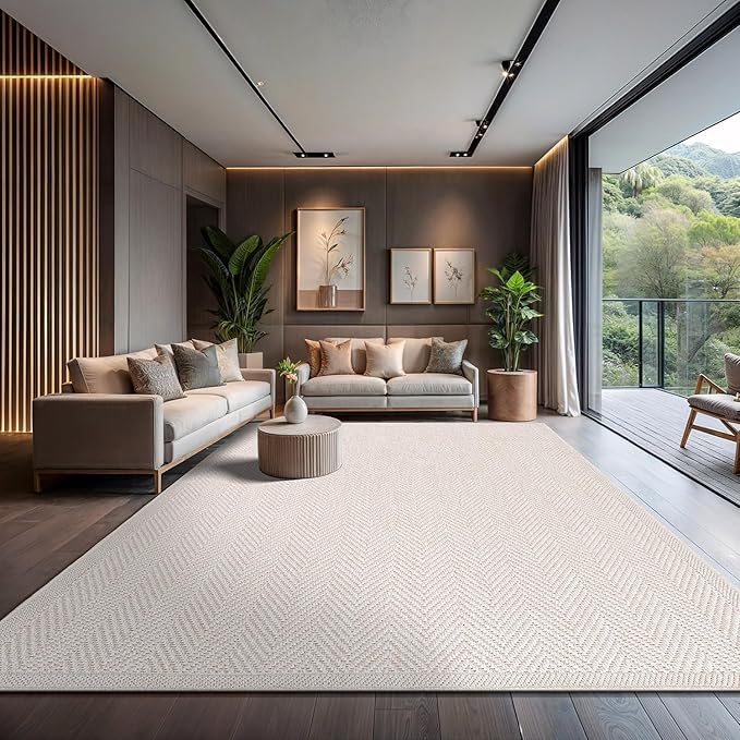 CAMILSON Easy Jute Rug 10x14, Indoor Outdoor Off-White Color Fiber Area Rugs for Living Room and Patio Rug Herringbone Boho Woven Design Easy-Cleaning Washable Outside Carpet Alfombras 10 x 14