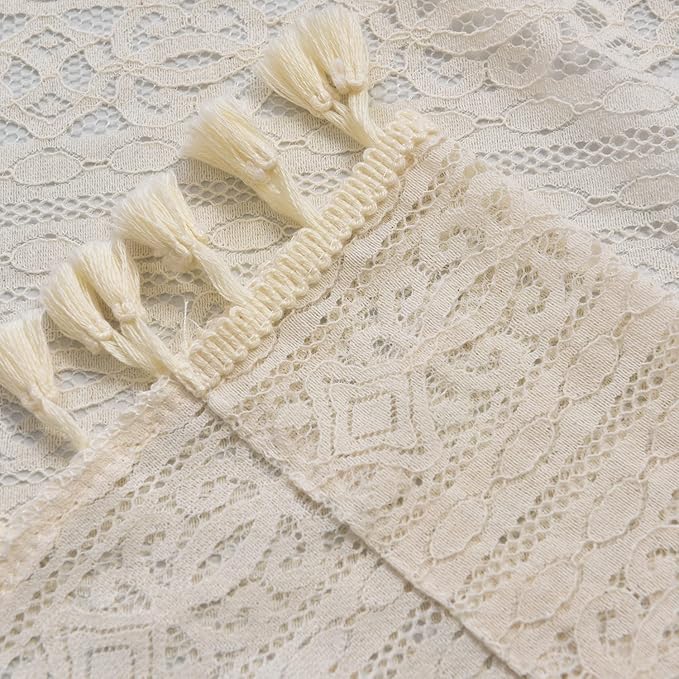 Sutuo Home Boho Sheer Curtain Valance Crochet Lace with Bohemian Hollow Knitted Handmade Tassels, Short Rustic Window Treatment for Kitchen Cafe, Rod Pocket, 1 Panel 59" W x 24" L,Beige