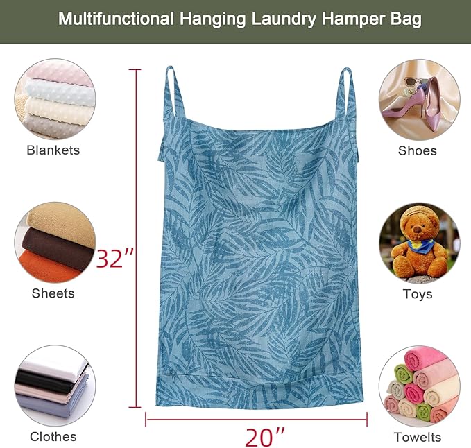 Linen Hanging Laundry Bag, 100% Linen Leaf Print Over The Door Laundry Hamper with Buttons and Zipper, Space Saving Door Hampers for Laundry Dirty Clothes Home Travel, Blue, 19.7x27.5inches