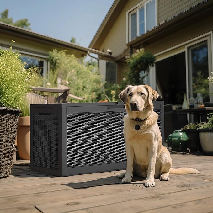 100 Gallon Outdoor Deck Box,Storage Lockable Waterproof Patio Furniture,Garden Tools,Cushions,Pool Accessories Outside Storage Resin Box(Black)