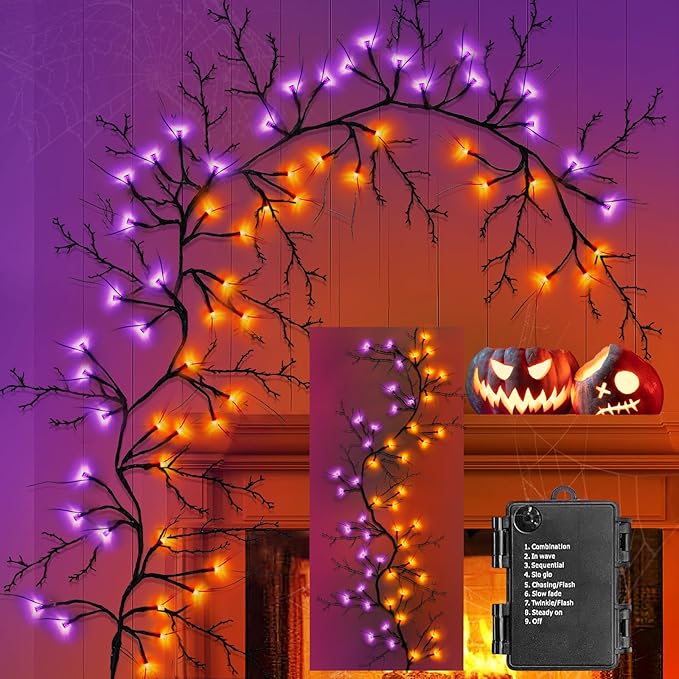 [8 Modes & Timer] Halloween Decorations Willow Vine Twig Garland, 6 FT 54LED Willow Vine Twig Lights Orange Purple LED Lights for Indoor Wall Fireplace Halloween Decorations