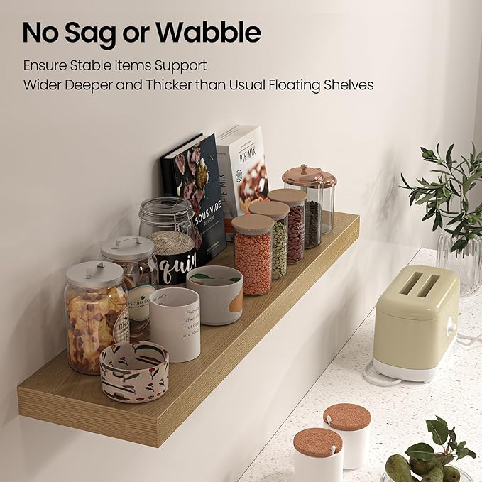 Floating Shelves for Wall, 31.5" W x 6.7" D x 1.5" H, Wooden Wall Mounted Display Shelves with Invisible Brackets for Living Room, Bedroom, Bathroom, Kitchen Decor and Storage, Set of 2, Oak