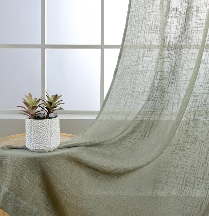 MIUCO Semi Sheer Curtains Poly Linen Textured Solid Grommet Curtains 95 Inches Long for Bedroom 2 Panels (2 x 37 Wide x 95" Long) Sage