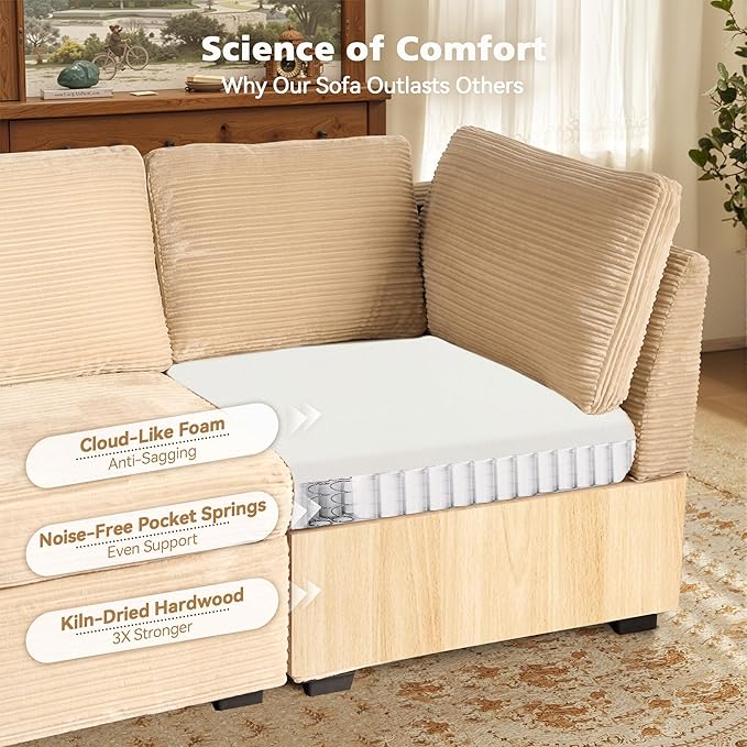 Modular Sectional Sofa, 130.7 Inch U Shaped Couch Set for Living Room, 4-Seater Comfy Cloud Couches with Two Movable Ottoman, DIY Combination, Plush Corduroy, Beige