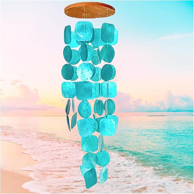 Bellaa 20744 Wind Chimes Outdoor, Garden Decorations, Musical, Indoor/Outside Windchimes, Beach, Ocean Breeze, Gifts for Mom, Gift for All Occasions, Capiz Sea Glass Shells Wood Turquoise Blue