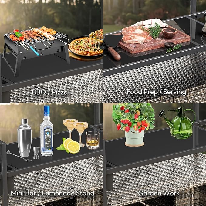 Outdoor Bar Cart with Storage Cabinet, Patio Bar Table with Tempered Glass Tabletop, Outdoor Serving Grill Cart with Rolling Wheels, Rattan Bar Cart for Patio, Backyard, Grey Wicker