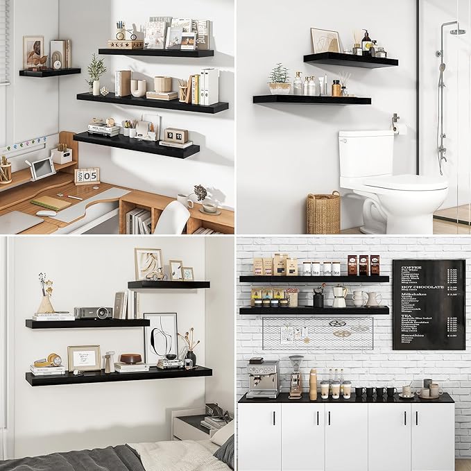 RICHFOCUS 16Inch Floating Shelves for Wall 2 Pack Shelves for Bedroom|Kitchen|Bathroom Wall Mounted Rustic Wood Floating Shelf with Invisible Brackets for Books|Storage|Decor, Black