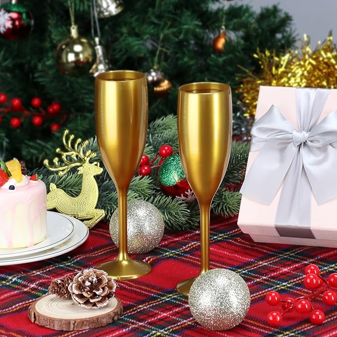 XUWAIDSGN Acrylic Champagne Flutes Toasting Glasses Unbreakable Mimosa Bar Reusable Wine Glasses Vintage Champagne Flutes Stemmed Drinking Cups 5.4 OZ for Christmas Birthday (24, Gold)