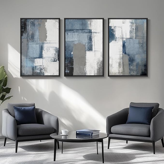 Large Framed Navy Blue and Grey Abstract Wall Art for Living Room, 3 Piece Modern Canvas Prints Paintings Artwork for Walls, Minimalist Abstract Pictures Wall Decor for Hallway Office Bedroom 24x36 In