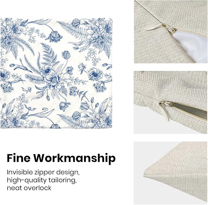 CXMEIFLY Spring Floral Leaves Pillow Covers 22 x 22 Inch Set of 2 for Chinoiserie Flowers Decor Throw Pillows Blue and White Seasonal Plant Outdoor Decorative Cushion Cases for Couch Bed Decorations