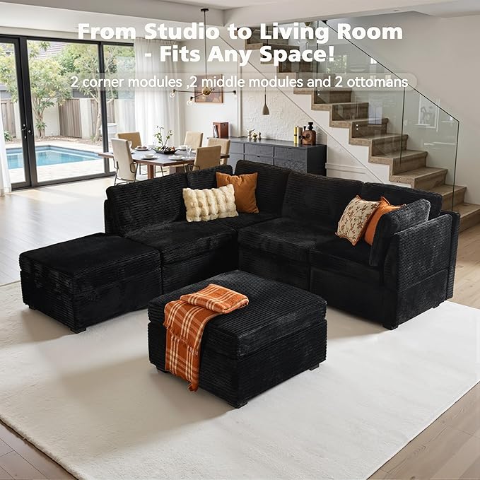 Modular Sectional Sofa, 130.7 Inch U Shaped Couch Set for Living Room, 4-Seater Comfy Cloud Couches with Two Movable Ottoman, Plush Corduroy, Black