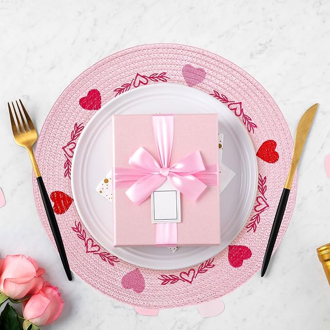 Whaline 4Pcs Round Valentine Placemats Red Pink Heart Embroidered Place Mats Decorative Dinner Table Mats for Home Wedding Anniversary Party Decor