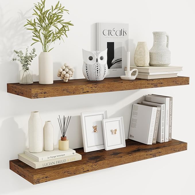 36 Inch Floating Shelves, 9.3 Inch Deep Rustic Wall Shelves - Extra Deeper Wall Mounted Storage Shelves for Bathroom, Kitchen, Living Room (Brown, Set of 2)