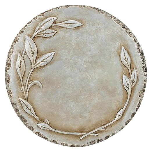 NAT & Jules Floral Laurel Wreath Leaves Pattern Dimensional Indoor Outdoor 12 inch Round Cast Resin Decorative Garden Stepping Stone, Patio, Walkway Sculpture Yard Art, Grey
