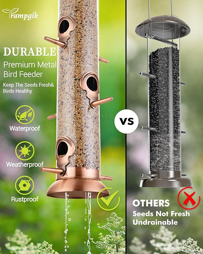 Metal Tube Bird Feeders for Outdoors Hanging,Finch Feeders for Outside,All Metal Brushed Copper Finishing,14 Inch 6 Port (Seed is not Included)