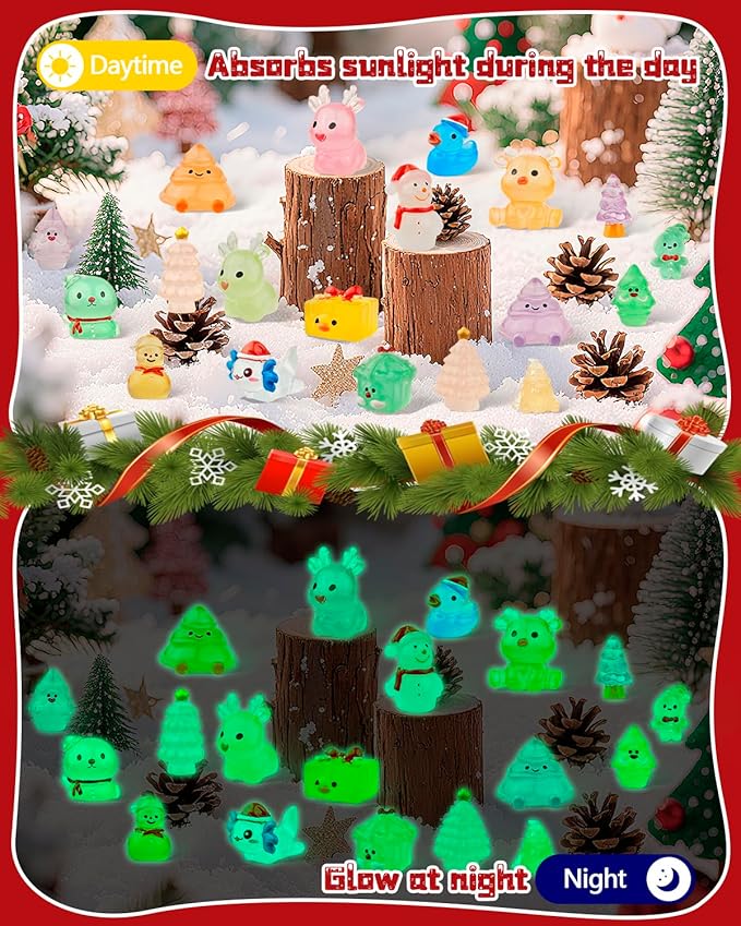 75 Pcs Miniature Christmas Figurines - Luminous Mini Resin Figures to Hide, Glow in The Dark Resin Animals for Micro Landscape Aquarium Fairy Garden Dollhouse Decor