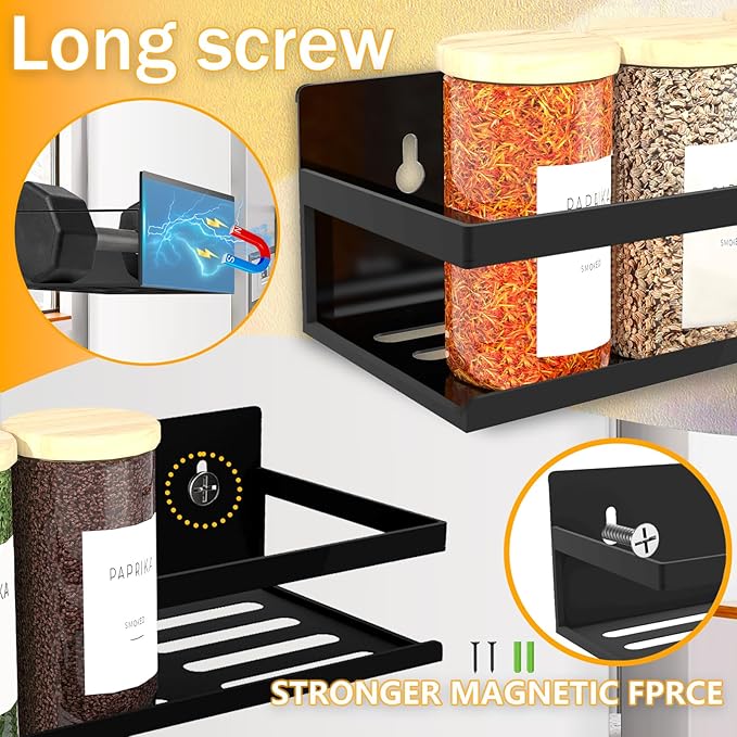 Magnetic Spice Rack Organizer for Fridge Seasoning Organizer for Kitchen Storage With Screw Magnetic Shelf for Oven, RV,Garage,Bathroom(Black, 4pack)
