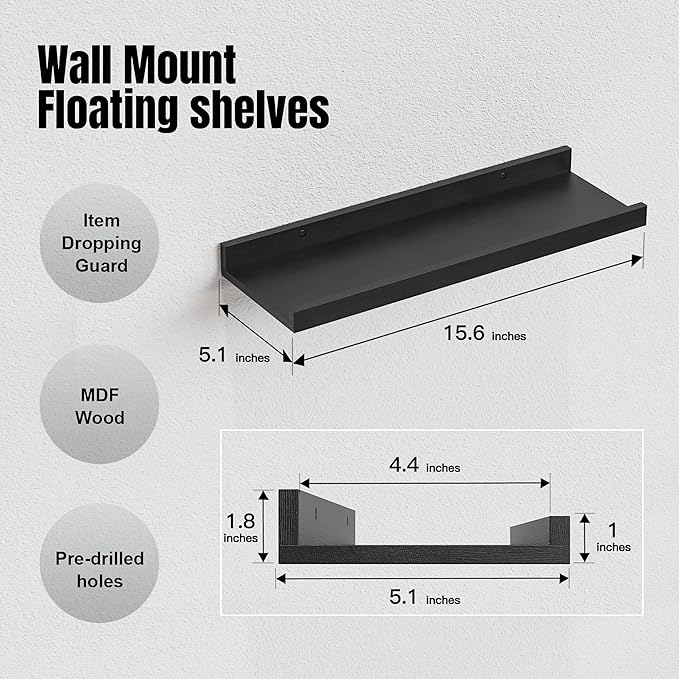 RICHER HOUSE Floating Wall Mounted Shelves, 8pc Set with Lip - Black Nursery Book Shelves for Bedroom, Bathroom, Kitchen Decor Storage