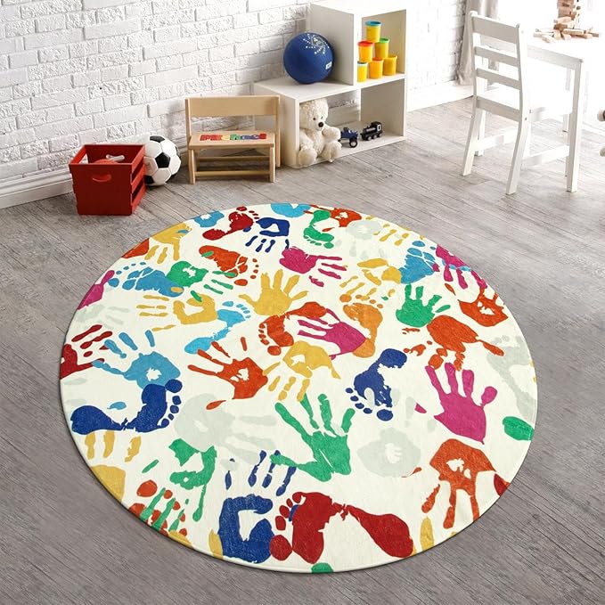 STARUIA Colorful Round Kids Rug 5 Ft, Machine Washable Rug for Playroom, Non-Slip Circle Rugs for Classroom, Soft Circular Carpet Handprints and Footprints Play Mat for Nursery Bedroom Preschool