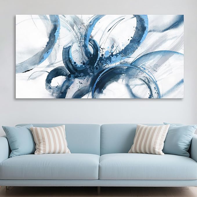 Large Canvas Wall Art Blue Abstract Pictures Wall Art for Living Room Paintings for Wall Decorations Bedroom Decor Aesthetic Framed Office Artwork Wall Decor 29×58in