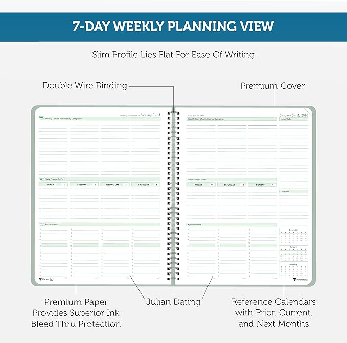 Planner Pad Spiral Bound January-December 2026/ Calender Year 8 1/2" x 11" Large 3-Tier Funnel Down 12 Month Organizer, Greenish Grey Cover/Soft Green Ink