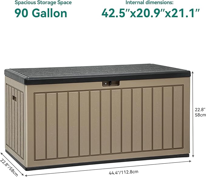 YITAHOME 90 Gallon Double-Wall Deck Box with Side Handles, Outdoor Large Storage for Patio Furniture Cushions, Garden Pool Accessories, Water Resistant & Lockable