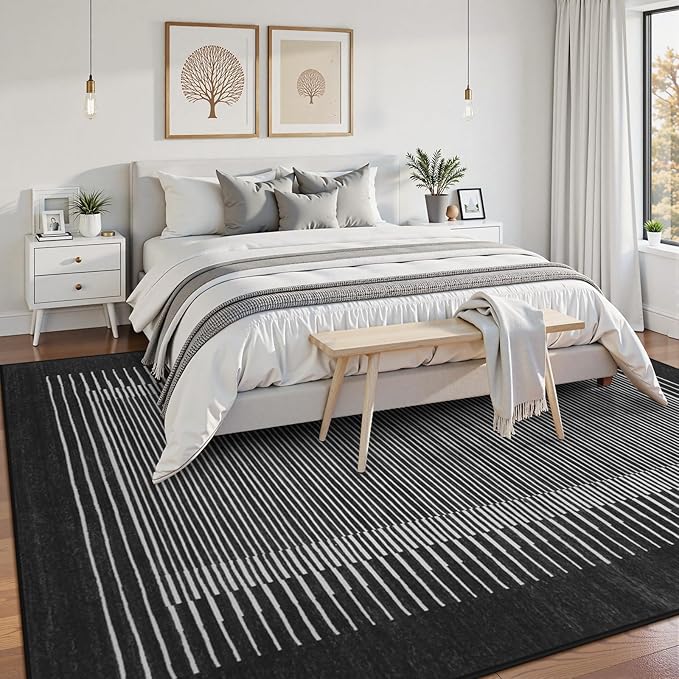Wonnitar Washable Striped 5x7 Washable Area Rug, Non-Slip Black Berber Stripe Rugs for Living Room, Low Pile Minimalist Floor Carpet Rugs for Bedroom Dining Room Home Office (Black,5' x 7')