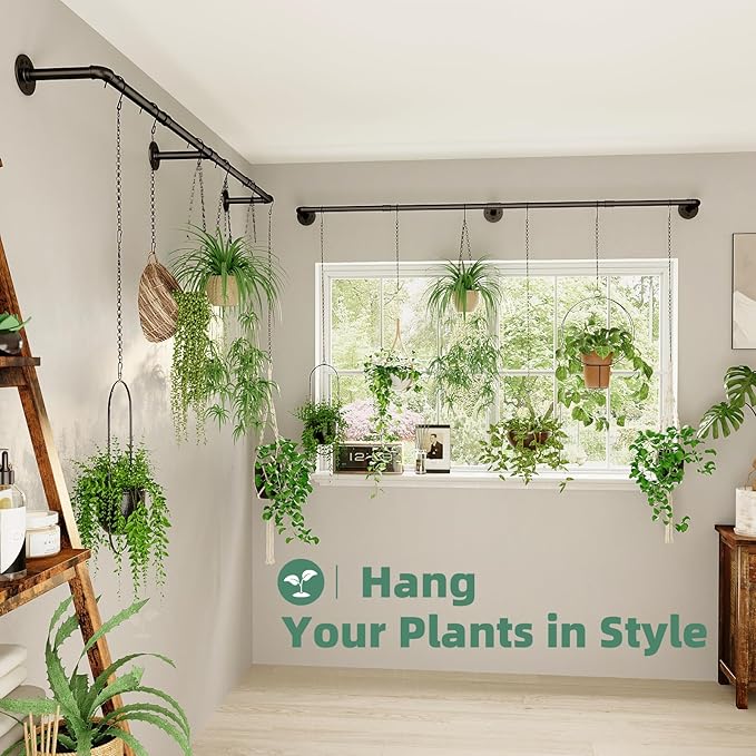 Plant Hanger Indoor with 12 Hanging Chains Hanging Planters for Indoor Plants Hanging Plant Holder Window Plant Rod Black Metal Shelves 70.8 Inch 2PCS Pot not Included