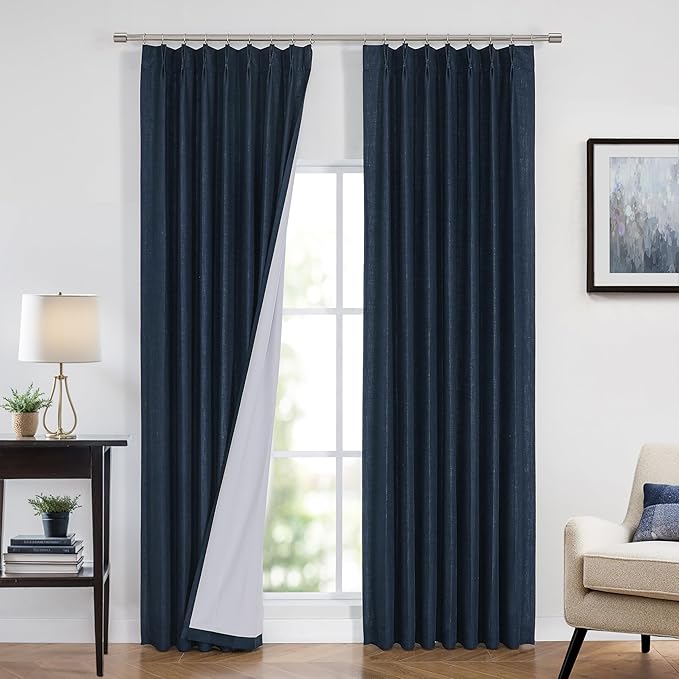 Vision Home Navy Blue Pinch Pleated Full Blackout Curtains Linen Blended Room Darkening Curtain Panels 95 inch for Living Room Bedroom Thermal Insulated Pinch Pleat Drapes with Hooks 8FT 40" Wx95 Lx2