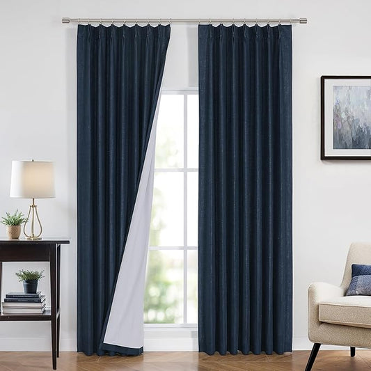 Vision Home Navy Blue Pinch Pleated Full Blackout Curtains Linen Blended Room Darkening Curtain Panels 108 inch for Living Room Bedroom Thermal Insulated Pinch Pleat Drapes with Hooks 9FT 40"Wx108"Lx2