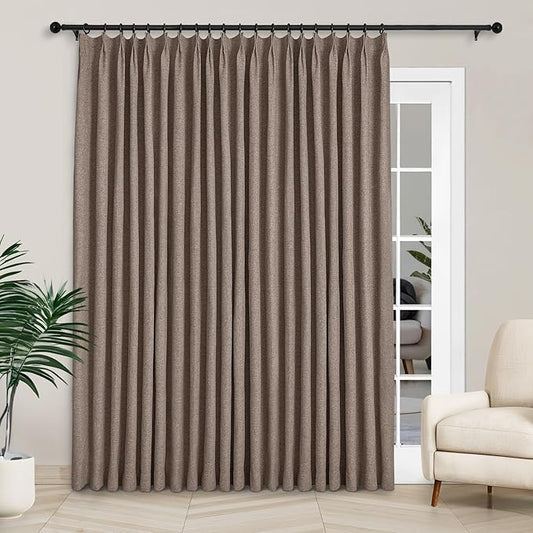 Macochico Extra Wide Full Blackout Linen Curtains for Sliding Door Light Brown Pinch Pleated Linen Curtains 96 Inches Long for Bedroom Living Room Farmhouse with Tieback 120”Wx96”L 1 Panel