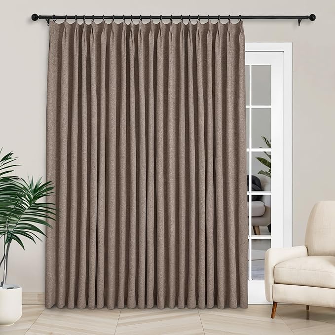 Macochico Extra Wide 100% Blackout Linen Curtains for Sliding Door Pleated Curtains with Hooks Insulated Soft Linen Drapes for Bedroom Living Room with Tieback Light Brown 100”Wx84”L 1 Panel