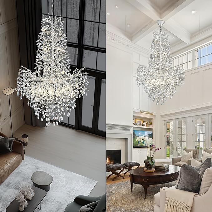 H61'' Modern Silver K9 Crystal High Ceiling Chandeliers, 23-Lights Staircase Chandeliers,Large Crystal Tree Branch Chandelier, D40'' Foyer Chandelier,for Living Room,Entryway