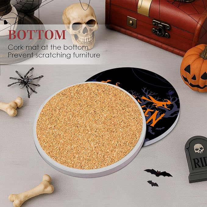 Coaster for Drinks Set of 6, Happy Halloween Orange and Black Trick or Treat Absorbent Round Ceramic Stone Mat, with Cork Base and Metal Holder, Gift for Housewarming Room Bar Decor