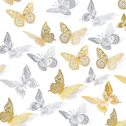SAOROPEB 3D Butterfly Wall Decor 48 Pcs 4 Styles 3 Sizes, Butterfly Birthday Decorations Party Decorations Cake Decorations Wedding Decor, Removable Stickers (Gold, Silver)