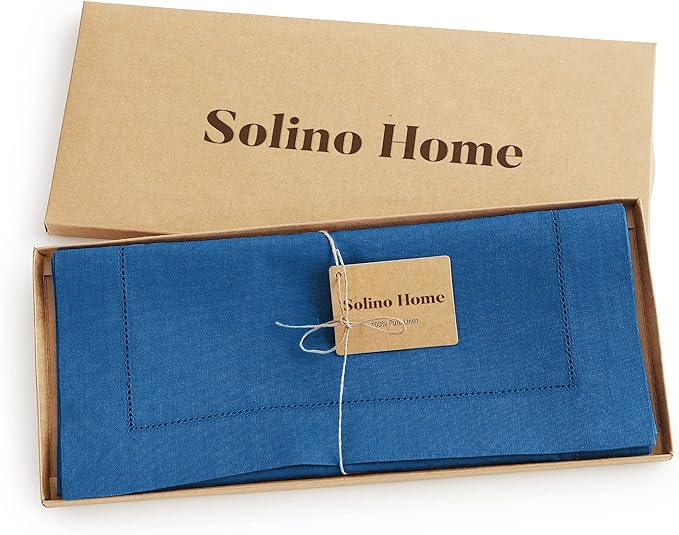 Solino Home Linen Table Runner 108 Inches Long - 100% Pure Linen Indigo Blue Table Runner 14 x 108 Inch for Fall, Autumn - Classic Hemstitch