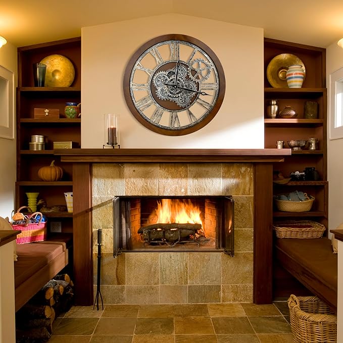 HOIBAI Large Wall Clock, Wall Clocks for Living Room Decor 36 Inch Farmhouse Vintage Rustic Kitchen Wall Decor Vintage Roman Oversized Wall Clock for Home Bedroom House Office, Moving Gears Clock