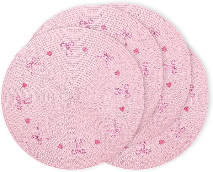 Whaline 4Pcs Round Placemats Pink Bow Embroidered Place Mats Coquette Bow Dinner Table Mats for Home Wedding Baby Shower Birthday Party Decor