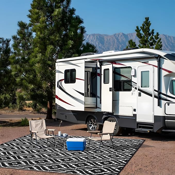 OLANLY Outdoor Rug 6x9 ft Waterproof, Outdoor Plastic Straw Rug with Geometric Pattern Clearance, Reversible RV Mat for Patio, Camping, Balcony, Deck, Backyard, Black & White