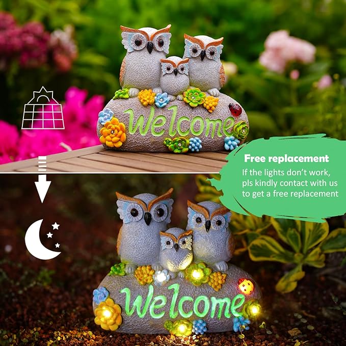 Nacome Solar Owl Statues for Garden Decor: Welcome Sign Outside Lawn for Patio/Balcony/Yard Art/Lawn Ornament House Warming Gifts for Mom/Women