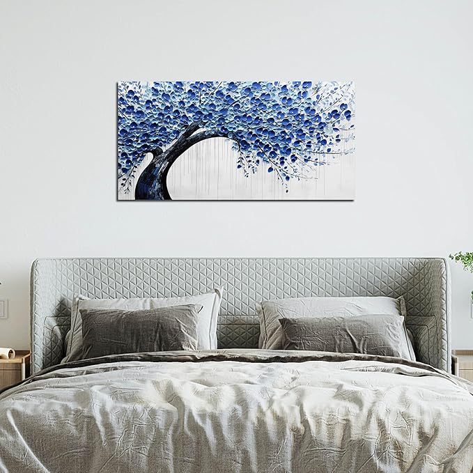 Large Wall Art for Living Room Bedroom Home Office Blue Tree of Life Wall Art Floral Picture Framed Wall Decor Modern Canvas Prints 20x40 In