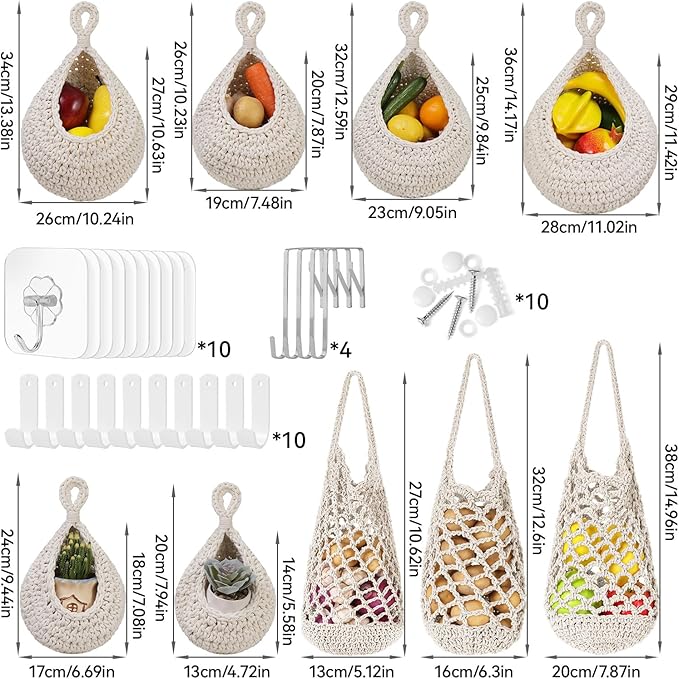 AARAINBOW Boho Wall Hanging Baskets for Kitchen Storage, Fruit Woven Wall Basket 9 Pcs, Hanging Vegetable and Onion Storage with 24 Hooks （White）